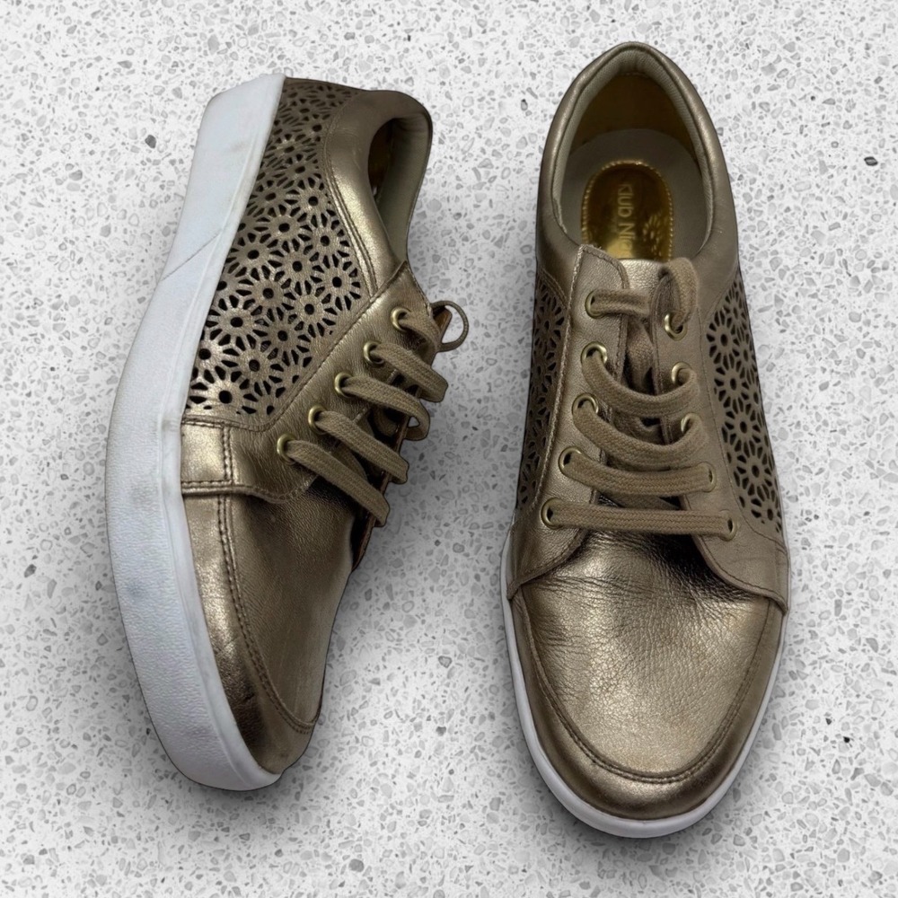 Klub Nico Salena Perforated Leather Sneakers "Pewter" Gold Metallic‎ size 9